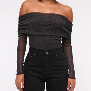 Long-Sleeve Off-The-Shoulder Mesh Bodysuit